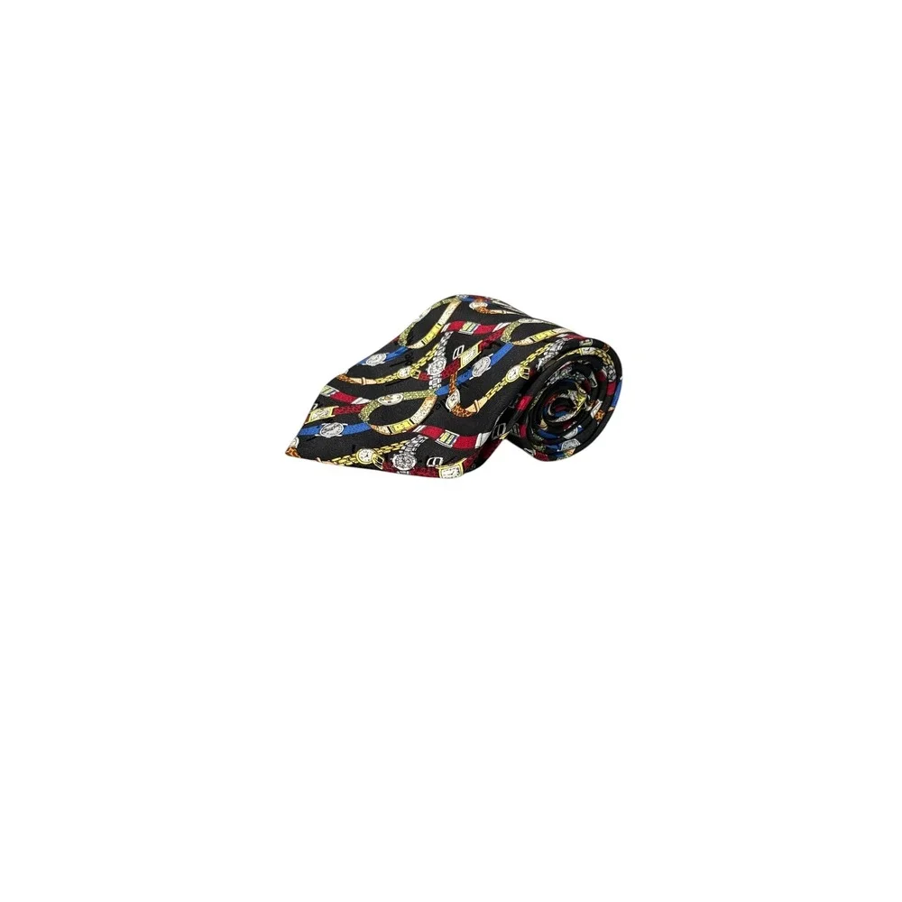 Nicole Miller Wristwatch Print Tie Necktie Men Black Vintage Y2K 1997 Silk Craft